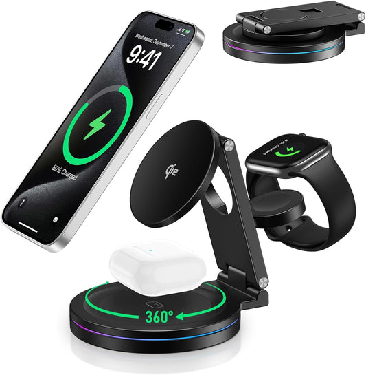 2025 Upgraded Qi2 Foldable 360º Rotatable Zinc Alloy 3 in 1 Magnetic Wireless Charging Station,3-in-1 Qi2 Charger for Apple iPhone 12~16,iWatch,AirPods(30W Adapter & Case Included)(Black)