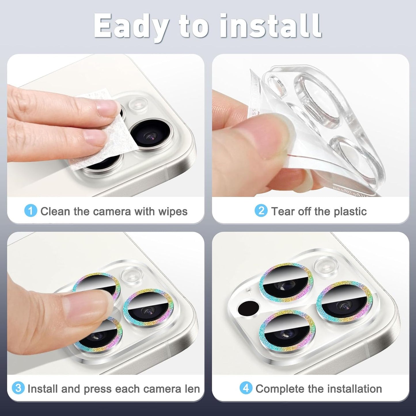 LucBuy 3PCS Sparkling Camera Lens Protector for iPhone 11, Full Clear Acrylic Cover with Shiny Colorful Glitter Designed Decoration Back Camera Protector