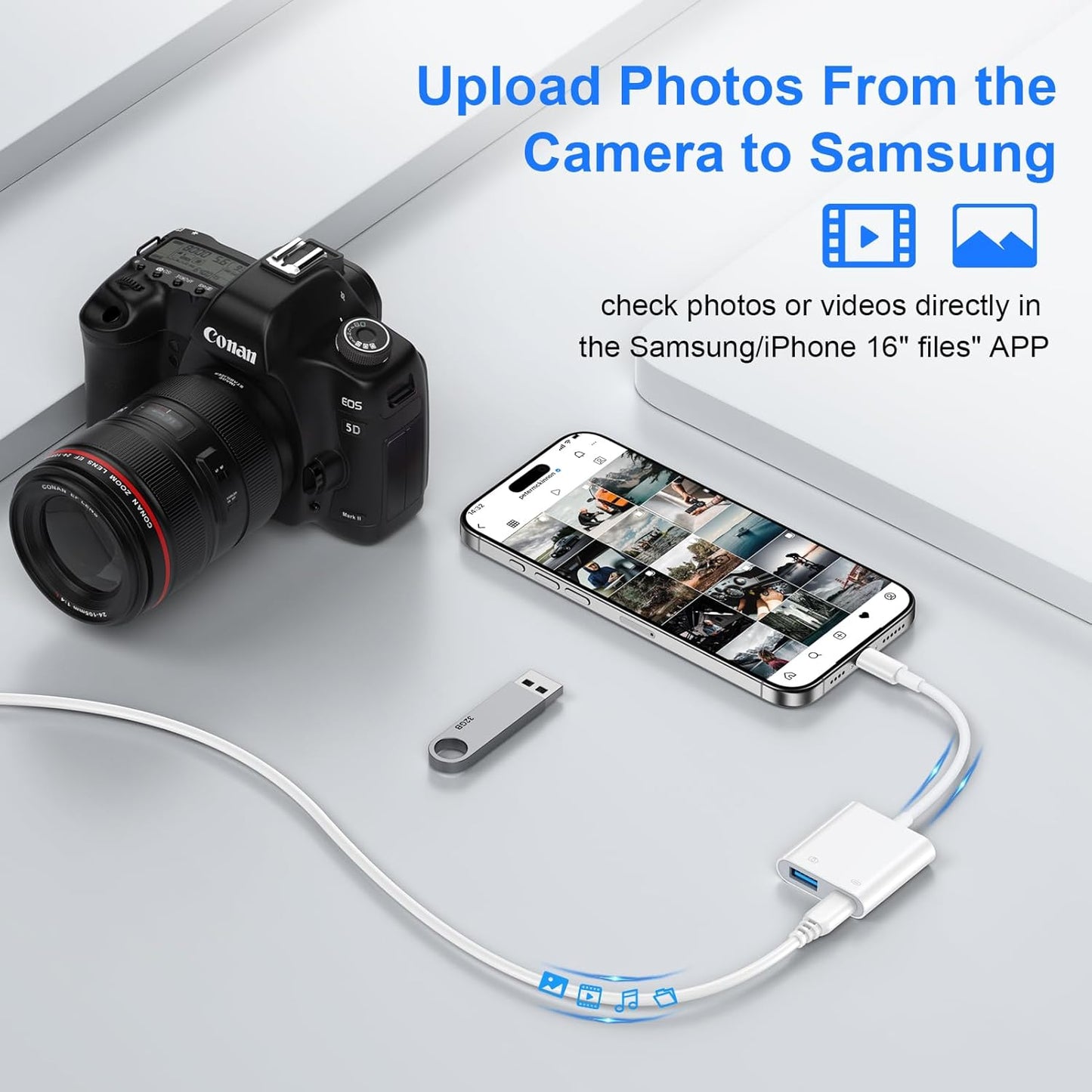 USB C to USB Camera Adapter with Charging Port for Samsung Galaxy A17 A16 5G A15 A54 A35 A56 S25 Ultra S24 FE, iPhone 16 15, USB 3.0 Female OTG Cable Adapter for Card Reader,Flash Drive,MIDI Keyboard