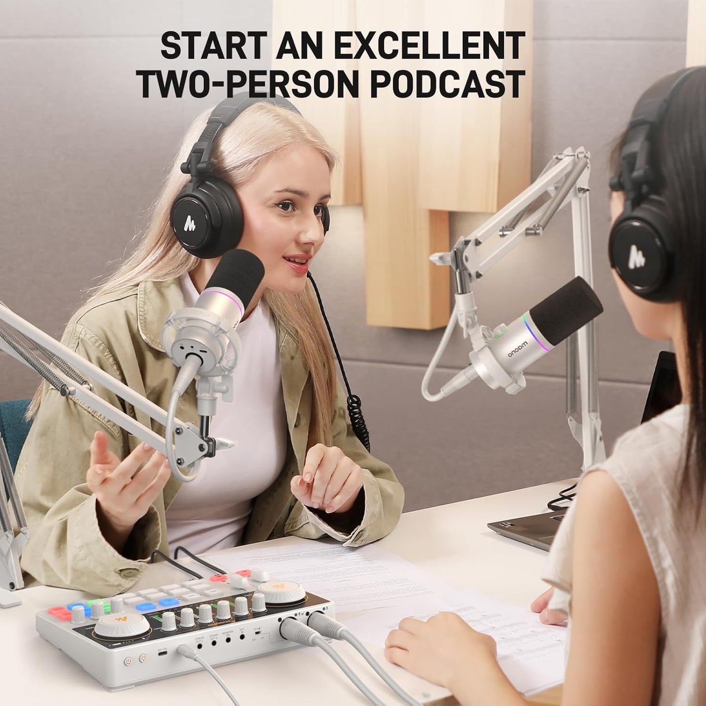 MAONO Podcast Equipment Bundle: Audio Interface mixer with Dual XLR Input for Podcast Streaming - MaonoCaster E2 Gen2 White