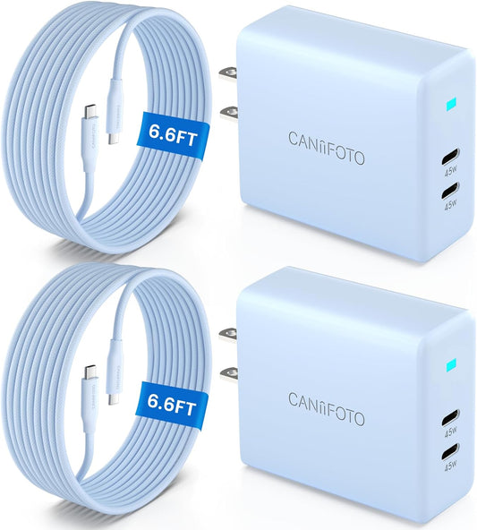 2Port 45W Super Fast Charger Type C, 2Pack 45W USB-C Charger Fast Charging for Samsung Galaxy S24 Ultra/S24+/S24/S23 Ultra/S23+/S22/S20/Note10+ with 2X 6.6ft Type C Cord (Blue)