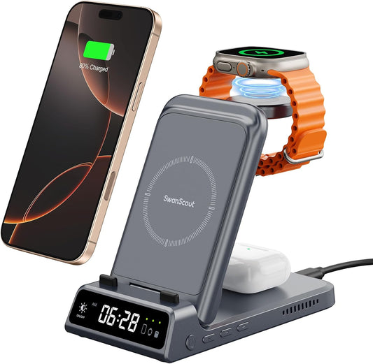 Wireless Charger for iPhone, SwanScout 703A, Charging Station for iPhone 16/15/14/13/12/11 Series, for Apple Watch Series 10/Ultra 2/9/8/7/SE 2/SE, for Airpods 4/Pro 2/3 (No Adapter)