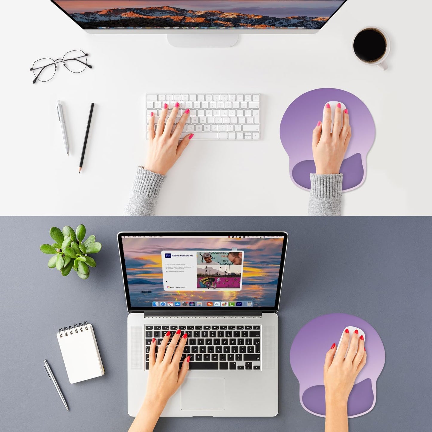 ITNRSIIET Ergonomic Mouse Pad with Wider Memory Foam Wrist Rest +17% - Curved Cushion Reduces Pressure 20%, Pain Relief, Non-Slip, Smooth, Cute Colors, 9.85 x 9 in, Lavender Fade