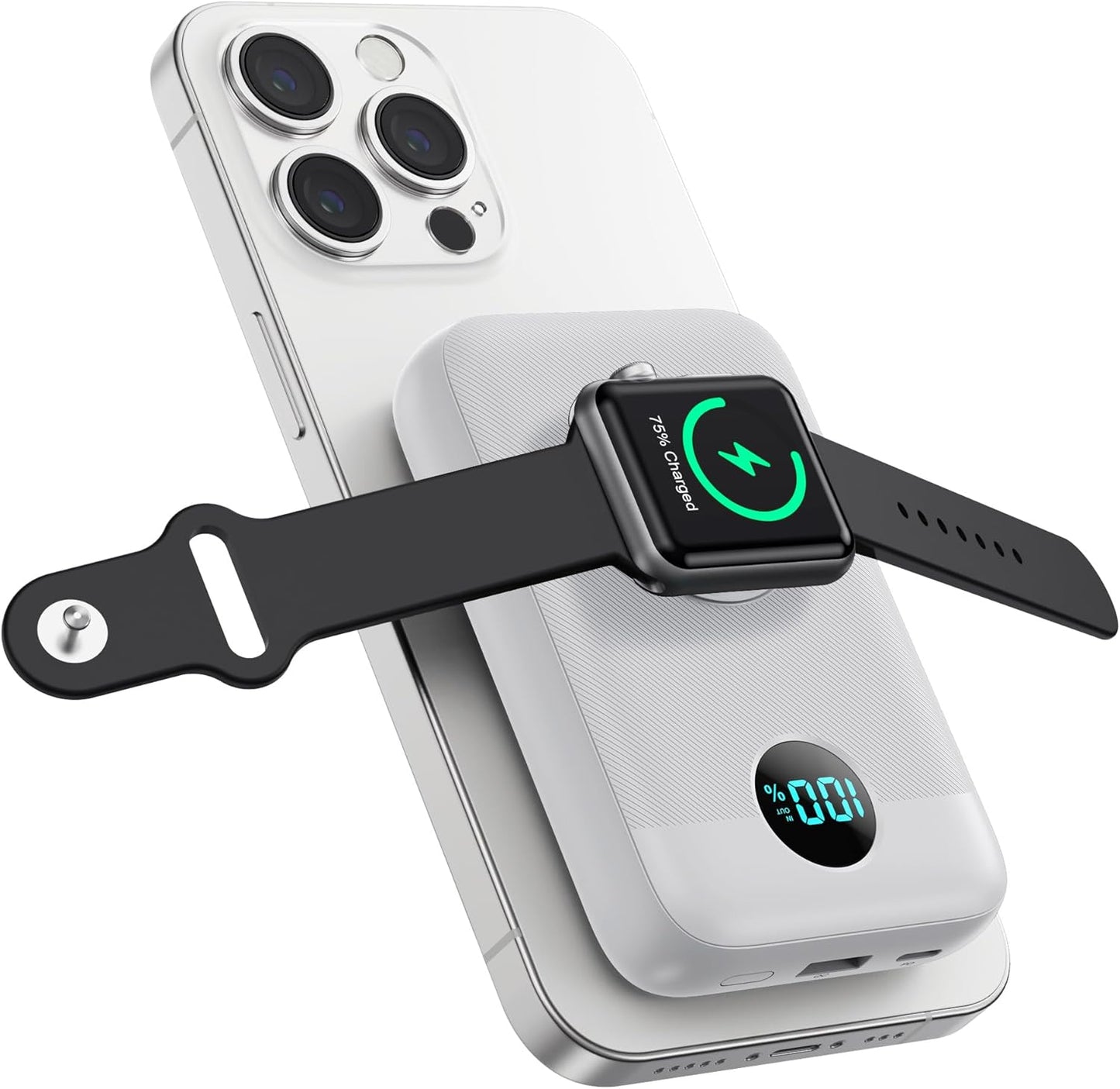 Magnetic Portable Charger 10800mAh,4-in-1 Wireless Power Bank with iWatch Charger, QC4.0+20W PD Fast Charging USB C Battery Pack with LCD Display for Magsafe,iPhone 16/15/14/13/12,Apple Watch (White)