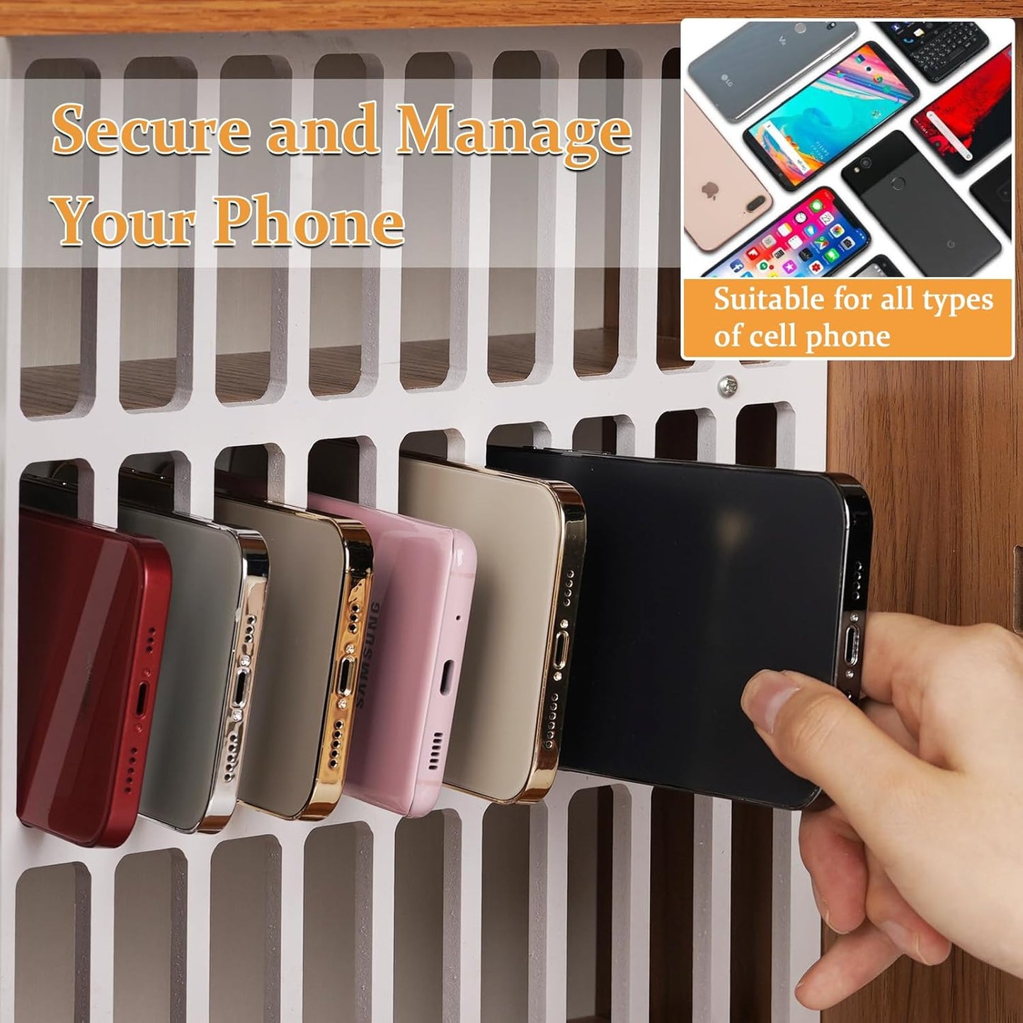 Cell Phone Holder Classroom 33 Slots Wooden Cell Phone Storage Cabinet Pocket Chart with Handle and Security Lock for Classroom Office (33 Grid Cabinet Cherry)