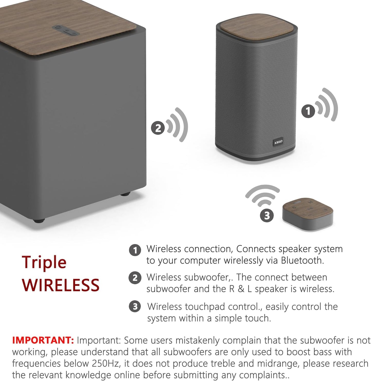 KEiiD 2.1 Bluetooth Computer Speakers with Wireless Subwoofer and Wireless Touchpad for Desktop Laptop Pc Stereo Gaming Speakers, 4 EQ Modes, Aesthetic Style with Great Sound Quality