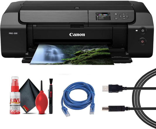 Canon PIXMA PRO-200 Wireless Inkjet Photo Printer | 13x19 Borderless Printing | 8-Color Dye Ink | Fast A3+ Output | Compact for Photographers & Artists (4280C002) + Printer Cable + Ethernet Cable