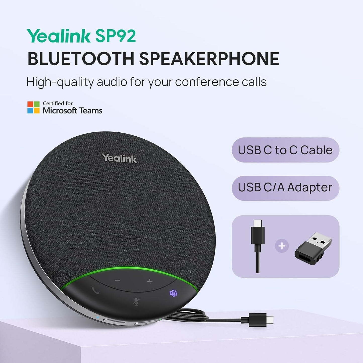Yealink SP92 Bluetooth Speakerphone USB Conference Speakers and Microphone Teams Certified Full-Duplex Noise Reduction 360° Voice Pickup for Small Meeting Room