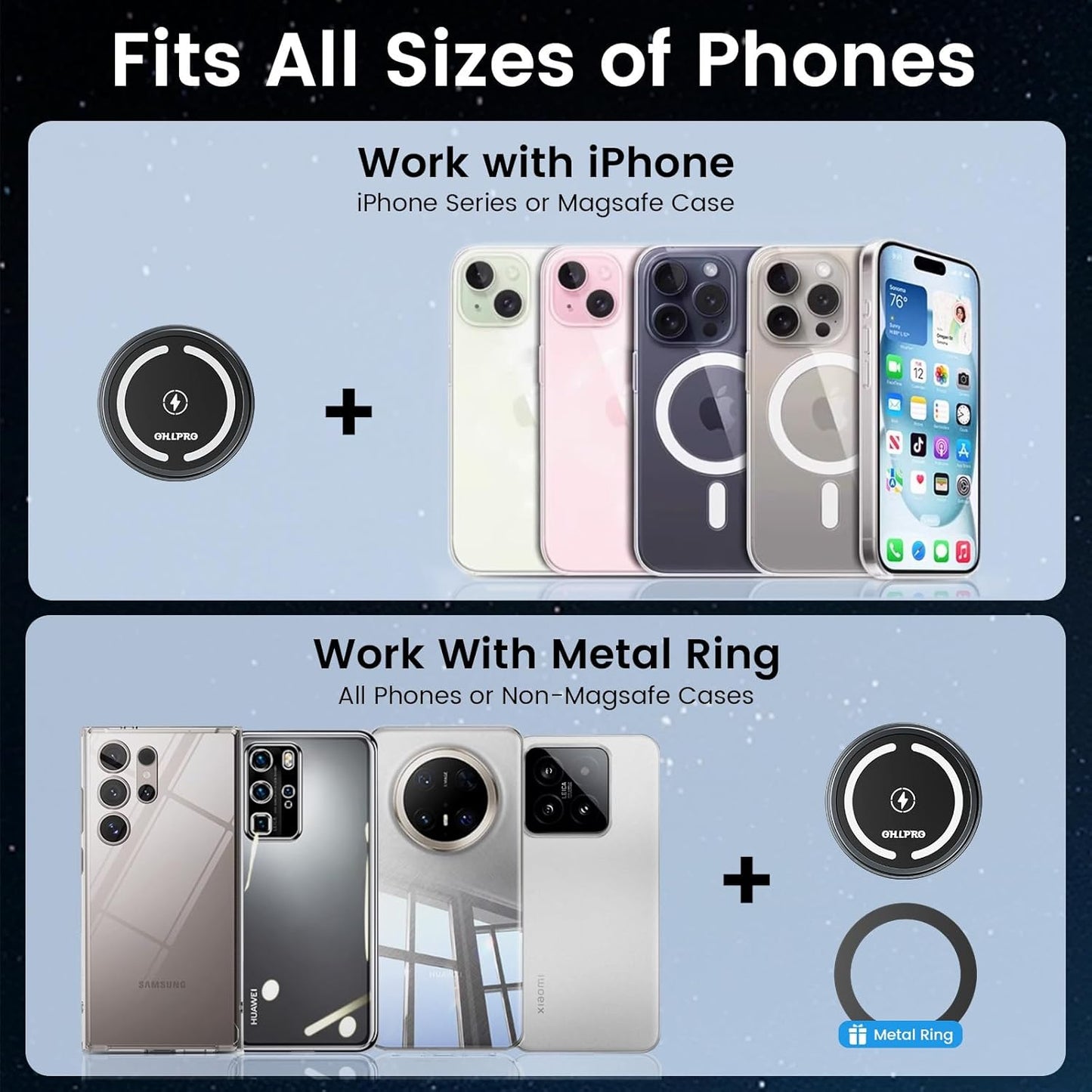 OHLPRO MagSafe Car Mount Charger, 15W QC 3.0 Fast Charging for iPhone 16 ProMax, Pro, Plus, 15, 14, 13, 12 Series, Stick on Car Dashboard & Air Vent Phone Holder