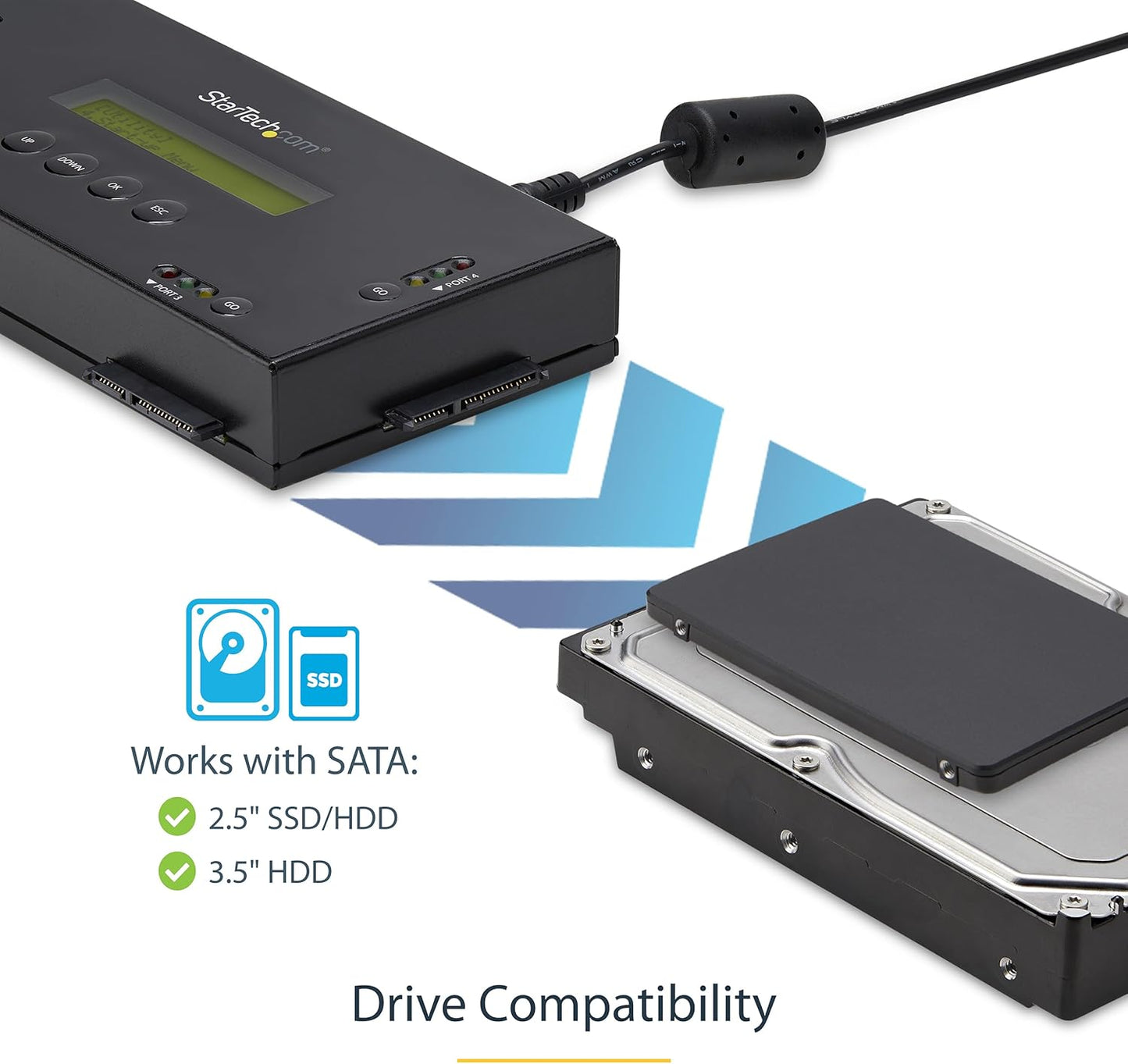 StarTech.com 4 Bay SSD/HDD Hard Drive Eraser, 2.5/3.5" SATA, Hostless Standalone Secure Erase, Disk Sanitizer, Hardware Wiper Erasing Tool, 9 Modes, RS232 Printer Port, NIST/DOD, LCD, TAA (SATERASER4)