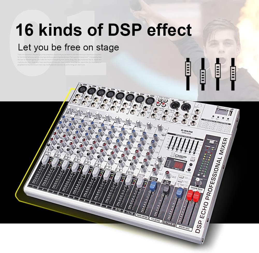 G-MARK GMX1200 DJ Mixer 12 Channel Professional Audio Mixer USB Mixing Console Music Studio 8 Mono 4 Stereo 7 Band EQ 16 Effect Podcast Streaming Audio Interface
