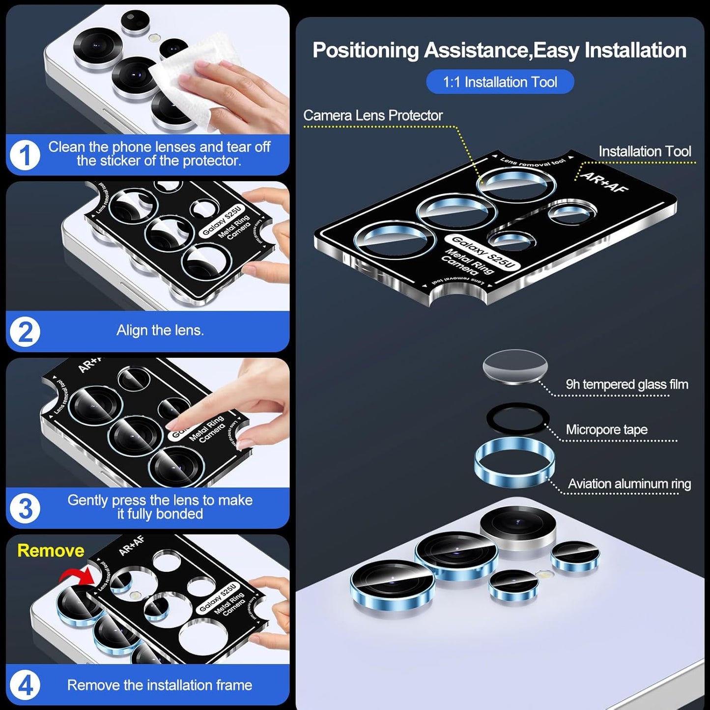 for Samsung Galaxy S25 Ultra Camera Lens Protector, Individual Metal Ring Tempered Glass Lens Cover, [Strong Adsorption] Scratch Resistant Ultra-Thin HD Clear Lens Cover, 1 Set-Blue Ring