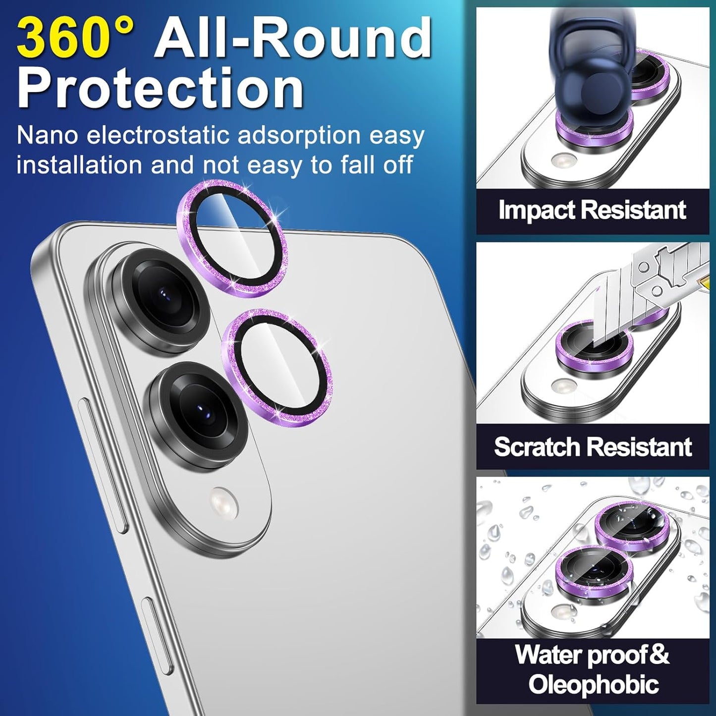 for Samsung Galaxy S25 Edge Camera Lens Protector, Individual Metal Ring Tempered Glass Lens Cover, [Strong Adsorption] Scratch Resistant Ultra-Thin HD Clear Lens Cover, 1 Set-Purple Sparkly
