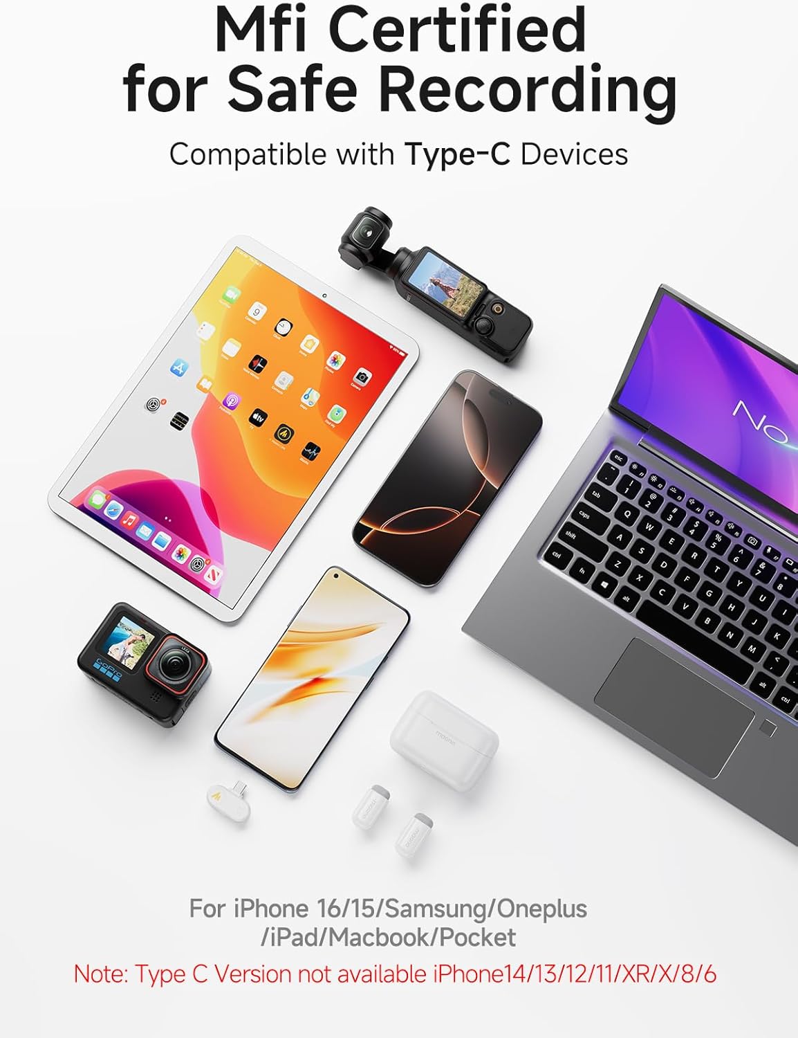 MAONO Wave T1 Mini Wireless Lavalier Microphone for iPhone 16 15 Android Tablet with USB-C Plug, Noise Cancellation, AI Voice Filter, 30H Used with Charging Case for Video Recording TikTok-White