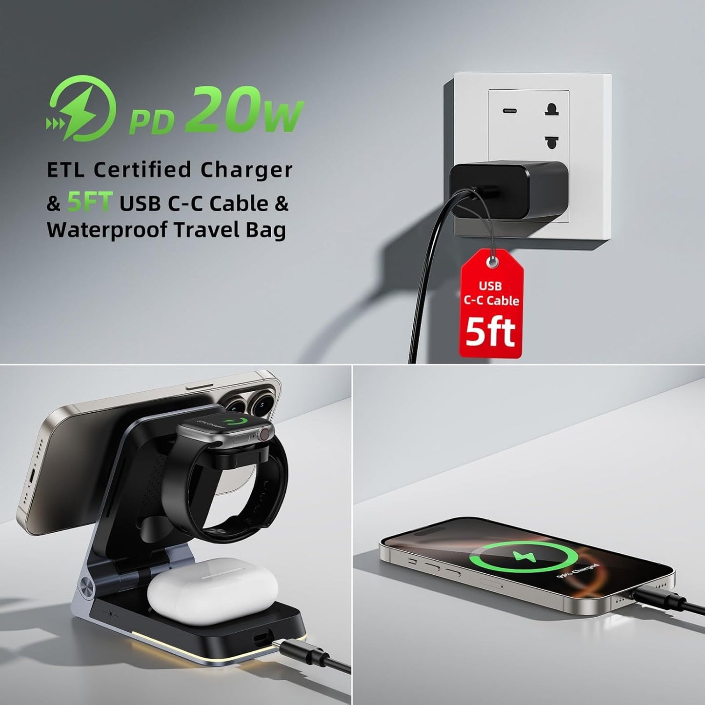 Aluminum 3 in 1 Wireless Charging Station,Foldable Wireless Charger for Apple Magsafe with Light,Portable Travel Magnetic Charger Stand for iPhone 16/15/14,Watch,Airpod, Include PD 20W Adapter & Case