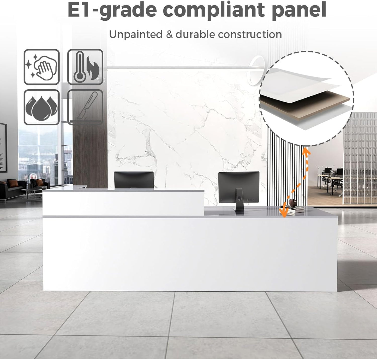 Reception Desk with Counter, Modern Front Desk Reception Counter with Keyboard Tray, Lockable Drawer and Storage Shelves for Office, Retail, Salon (White+Gray/Right, 71" L*24" W*39" H)