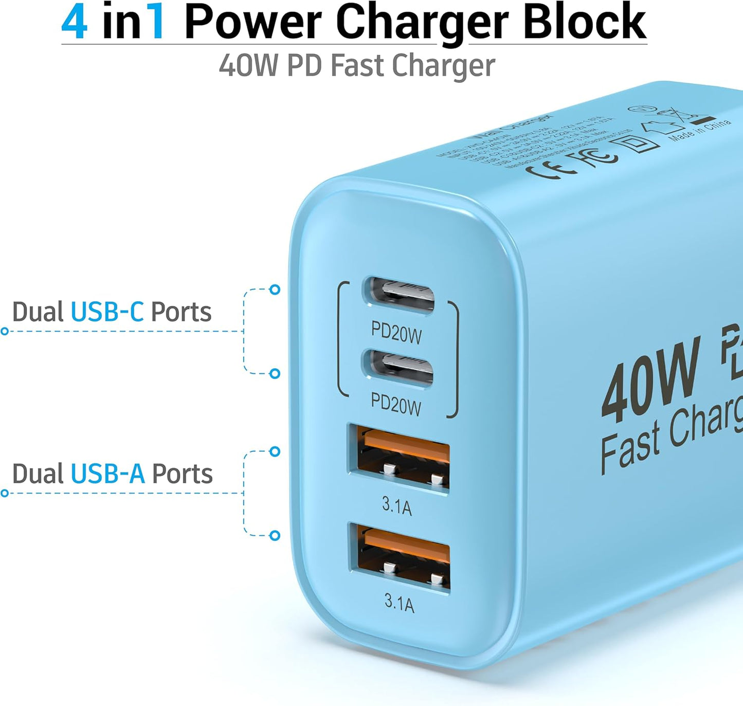 USB C Block 40W, 4 Ports Wall Plug Fast Charging Block, PD+QC Multiport Power Adapter USB C Charger Type C for iPhone 16,15,14,13,12,11, Pro Max, X, Xr, Xs, 8, 7, Watch, Galaxy Phones (Blue 1Pack)