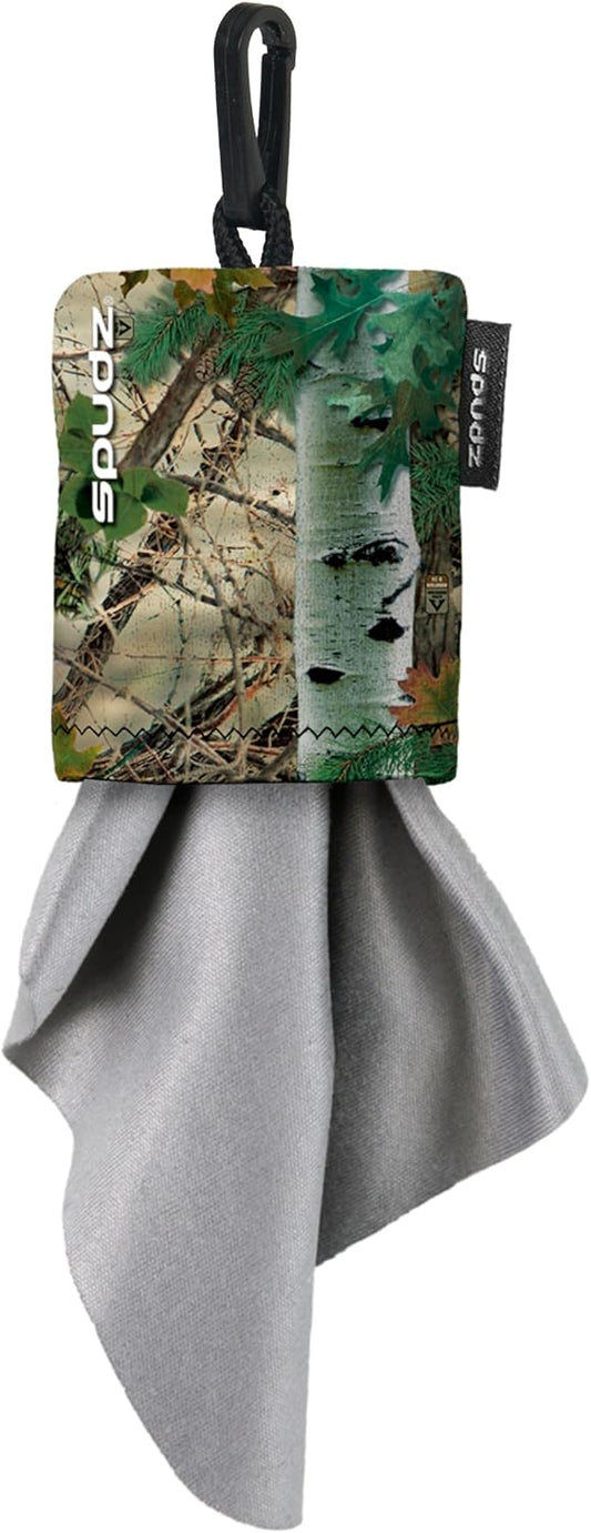 SPUDZ Ultra Microfiber Lens Cleaner – Closable Pouch, Clip-On, Washable – for Optics, Scopes, Glasses | Alpine Mountain Camo, 10 x 10 Inch (2-Pack)