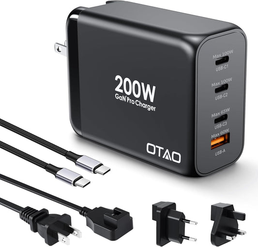200W USB C Charger Block, 4 Ports GaN Fast Charging Station Wall Charger, PD3.0 PPS 100W QC3.0 65W Power Station Travel Adapter with AC Cord UK/EU Plug for MacBook Pro/Ai/iPhone 15/14/13/ S24
