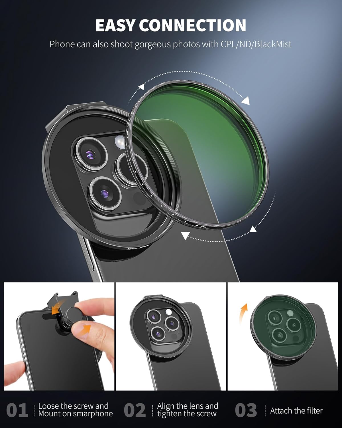 CPL Filter for Phone, 72mm Camera Polarized Lens Polarizing Filter with Metal Cold Shoe Phone Clip Compatible with iPhone 15 14 13 12 11 X XS Plus PRO Max Samsung Galaxy Motorola Pixel