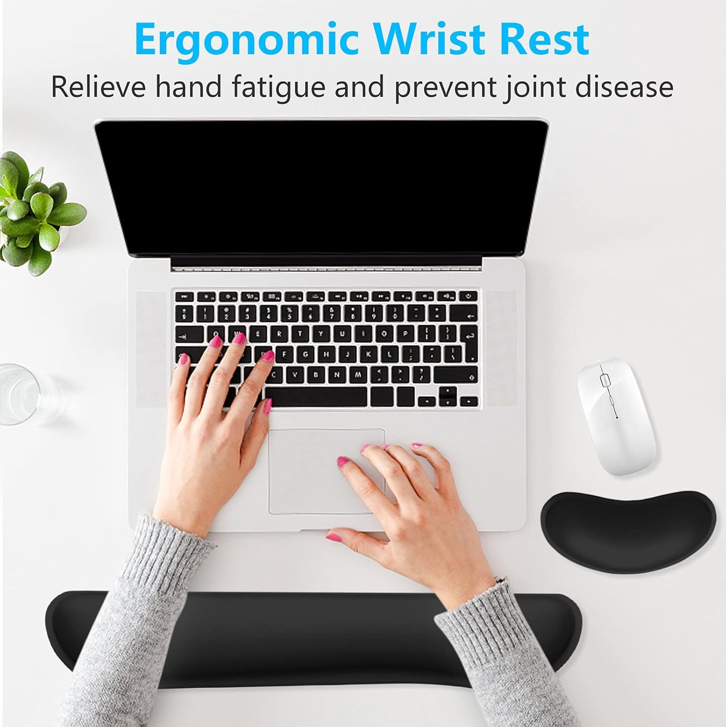 Dapesuom Enlarge Keyboard Wrist Rest, Memory Foam Wrist Cushion for Desk Mats Support, Cute Typing Pain Relief Keyboard Mouse Pad Rests Set with Non-Slip Base for Gaming Laptop Office, Jet Black