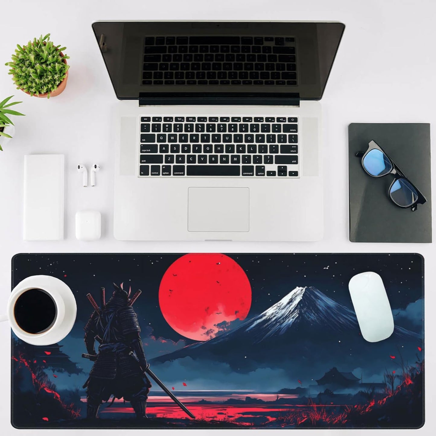 Mouse Pad Large Samurai and Red Moon Non-Slip Game Desk Mat with Stitched Edge Laptop Keyboard Desk Pad for Work Home Gaming (35.4 x 15.7 Inches)