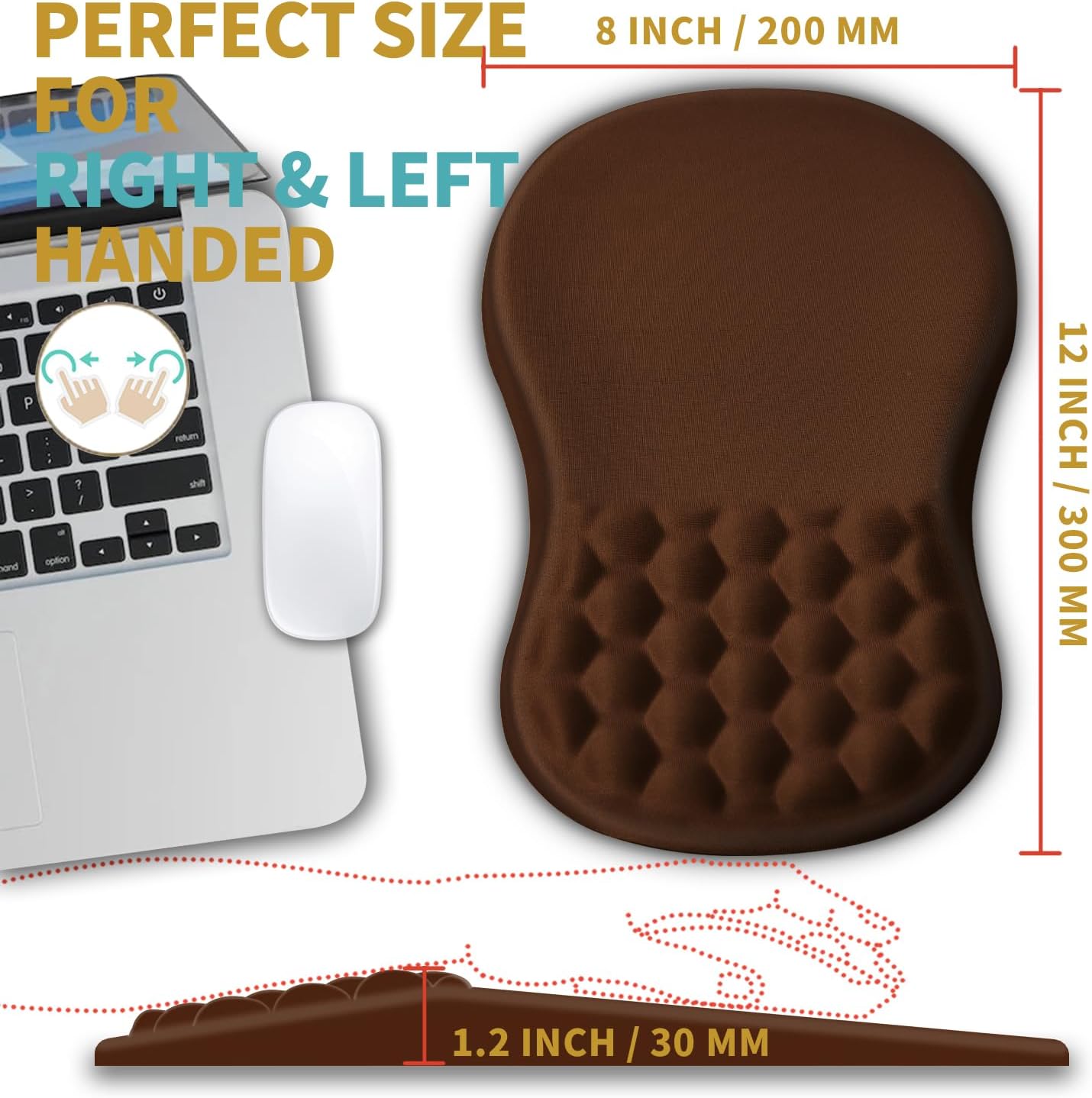 Hokafenle Ergonomic Mouse Pad Wrist Support with Massage Design, Wrist Rest Pain Relief Mousepad with Memory Foam&Non-Slip PU Base, Mouse Pads for Wireless Mouse & Desk (12x8 inch,Brown)