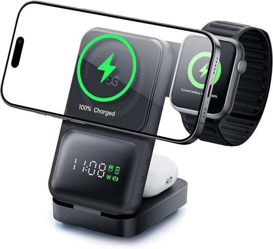 GUSGU MagTime 3 in 1 Wireless Charging Station with Real-Time Power and Time Display, Foldable Wireless Charger Stand, Compatible with iPhone 16/15/14/13/12, iWatch S1-10/Ultra, AirPods-Black