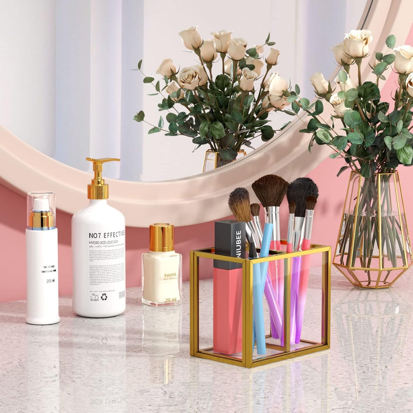 NIUBEE Gold Acrylic Pen Holder for Desk, Clear Pencil Cup Organizer Makeup Brush Holder, Acrylic Desk Organizers and Accessories for Desktop Office - 2 Compartments