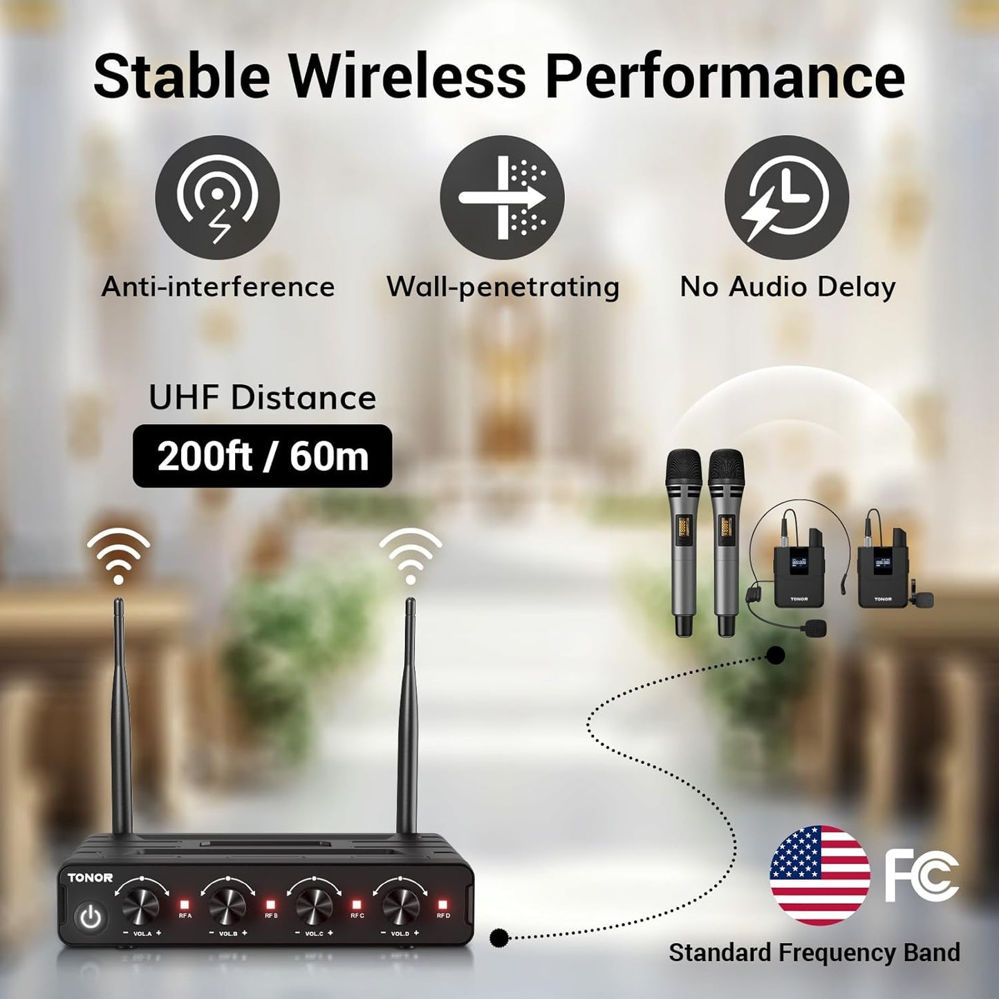 TONOR Wireless Microphone System, 4 * 10-Channel UHF Cordless Handheld Mic Set with Headset/Lavalier Lapel Mics, Bodypack Transmitter, Receiver, 200ft Range for Karaoke Singing Church DJ PA Speaker