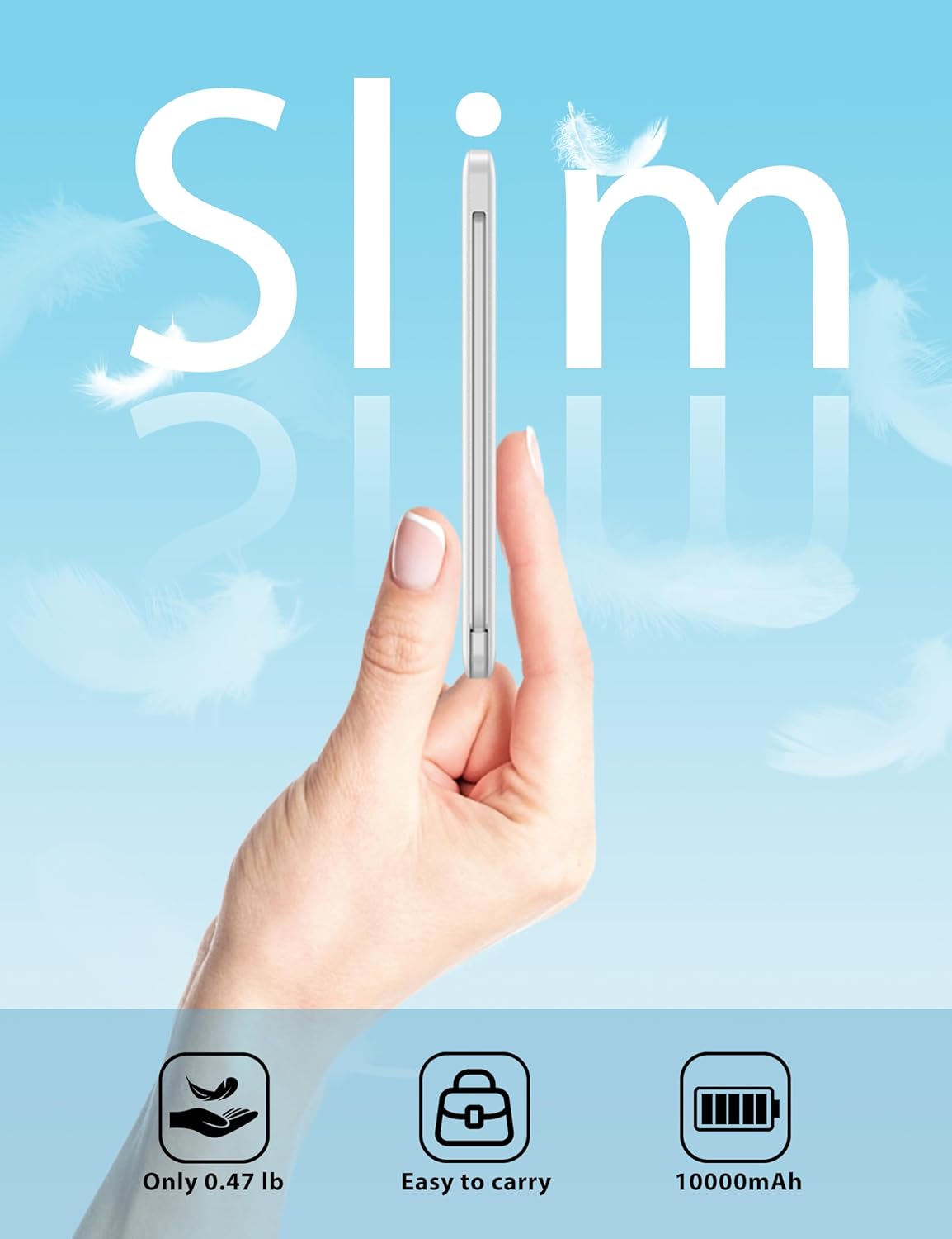 miisso 10000mAh Slim Portable Charger with Built in Cable, Power Bank Travel Charger External Battery Pack for Phone, 4 Output USB Type C Cord Clutch Charger Compatible with iPhone, White