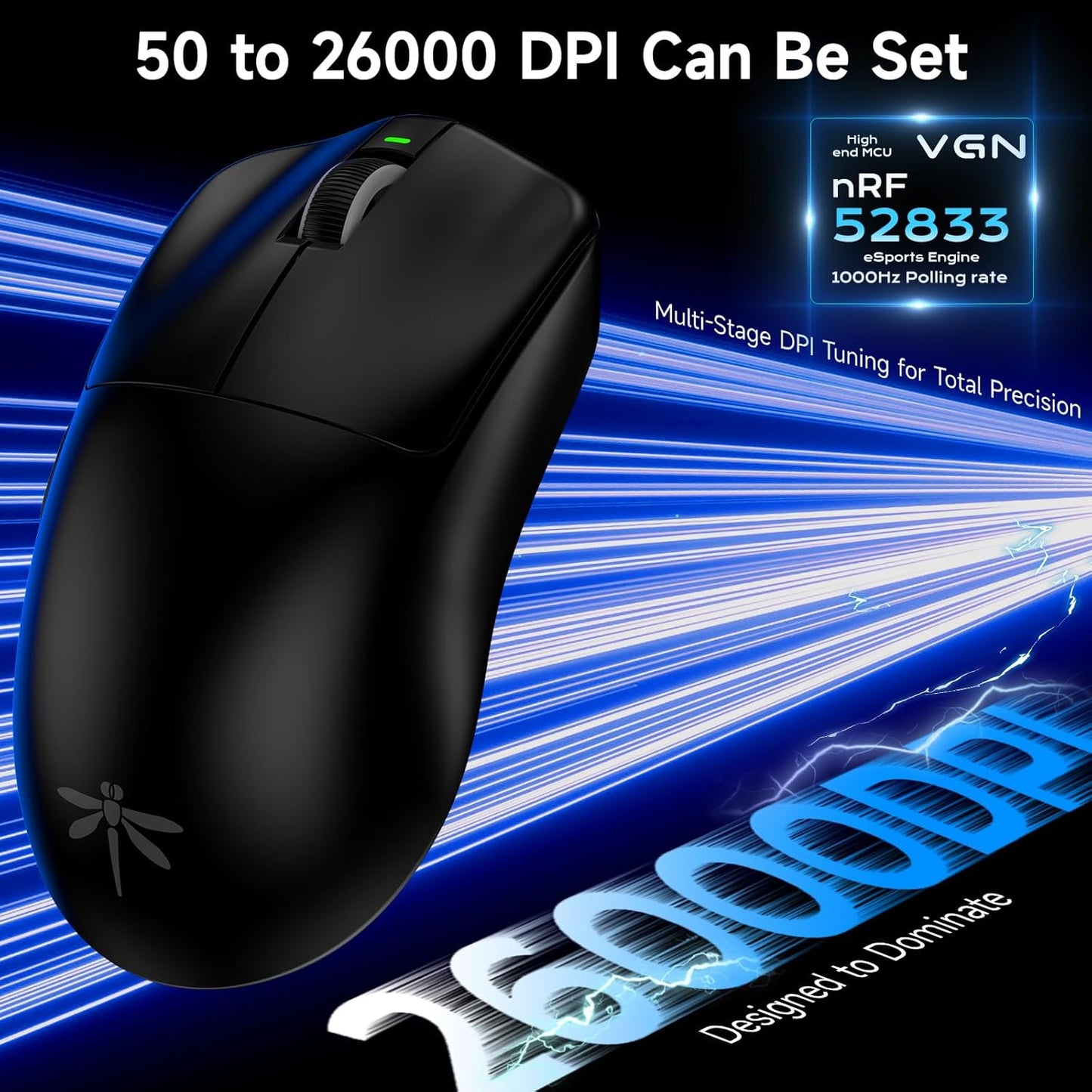 VGN F1 Pro Max Wireless Gaming Mouse - 55g Ultralight - 26000 Adjustable DPI - 1000Hz Polling Rate - 200h Battery - Wireless & Wired Mode - 6 Programmable Buttons - Professional Grade - USB-C - Black