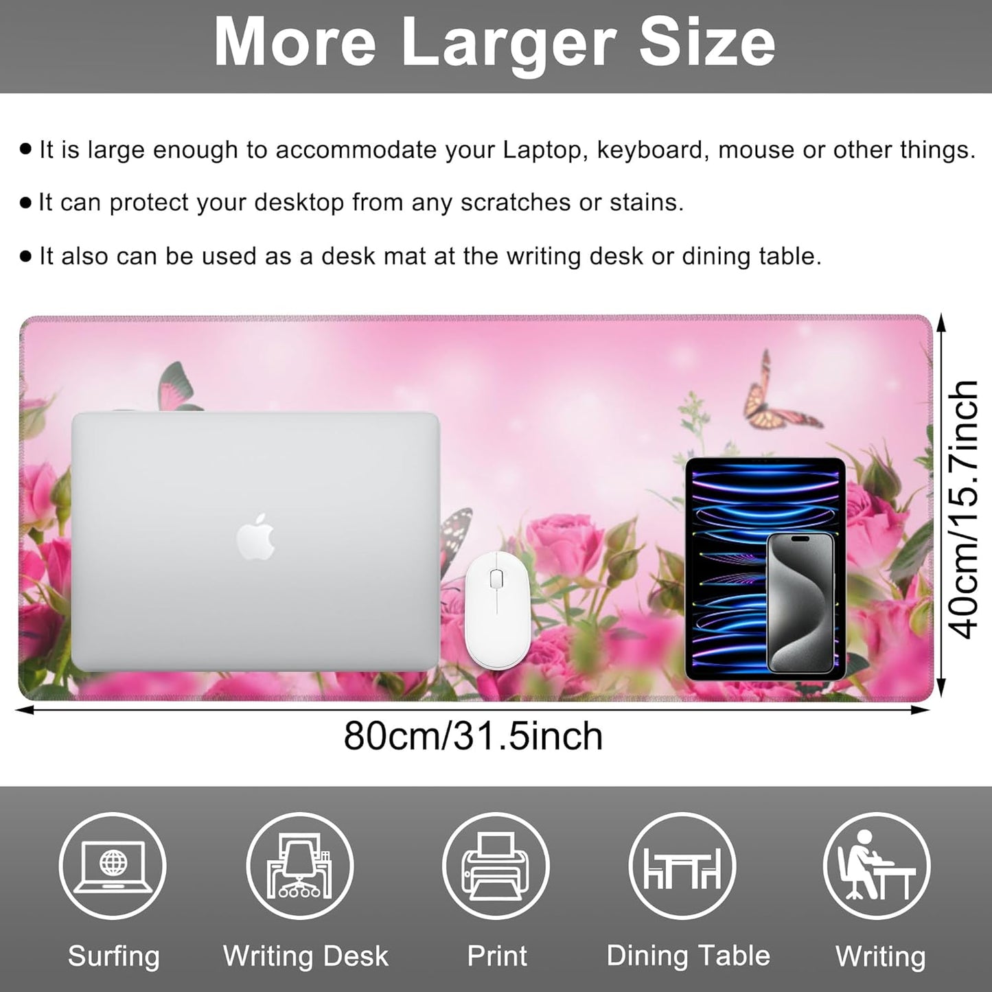 Mouse Pad, Large Pink Roses with Butterflies Desk Mat, Extended Non-Slip Gaming Keyboard Mousepad Desk Pad, Thick Stitched Edges Waterproof Mouse Mat 31.5"x15.7" (Beautiful Spring Floral)