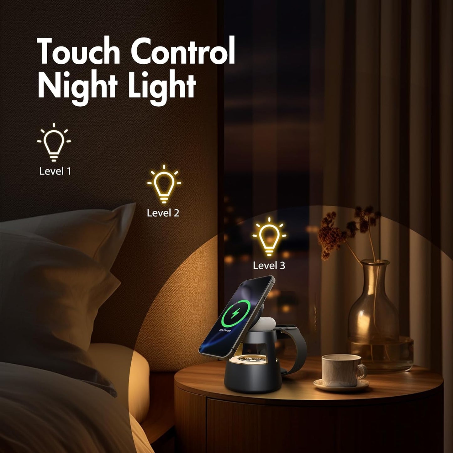 Wireless Charging Station for Magsafe: 4 in 1 Fast Charger Stand 15W with Mushroom Light for iPhone 16e 16 15 14 13 12 Pro Max - for Apple Watch Ultra and AirPods Series - Nightstand Bedside (Black)