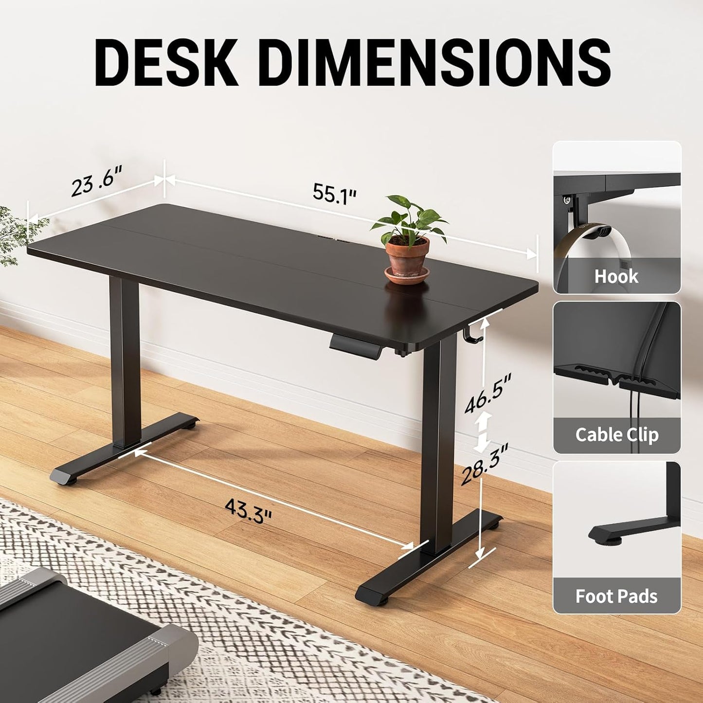 Veken 55 Inch Large Electric Standing Desk, Heights Adjustable,Sit to Stand Up, Work Home Office Computer Table for Study, Walking Pad, Writing, and Games, Wooden Desktop Desks, Black