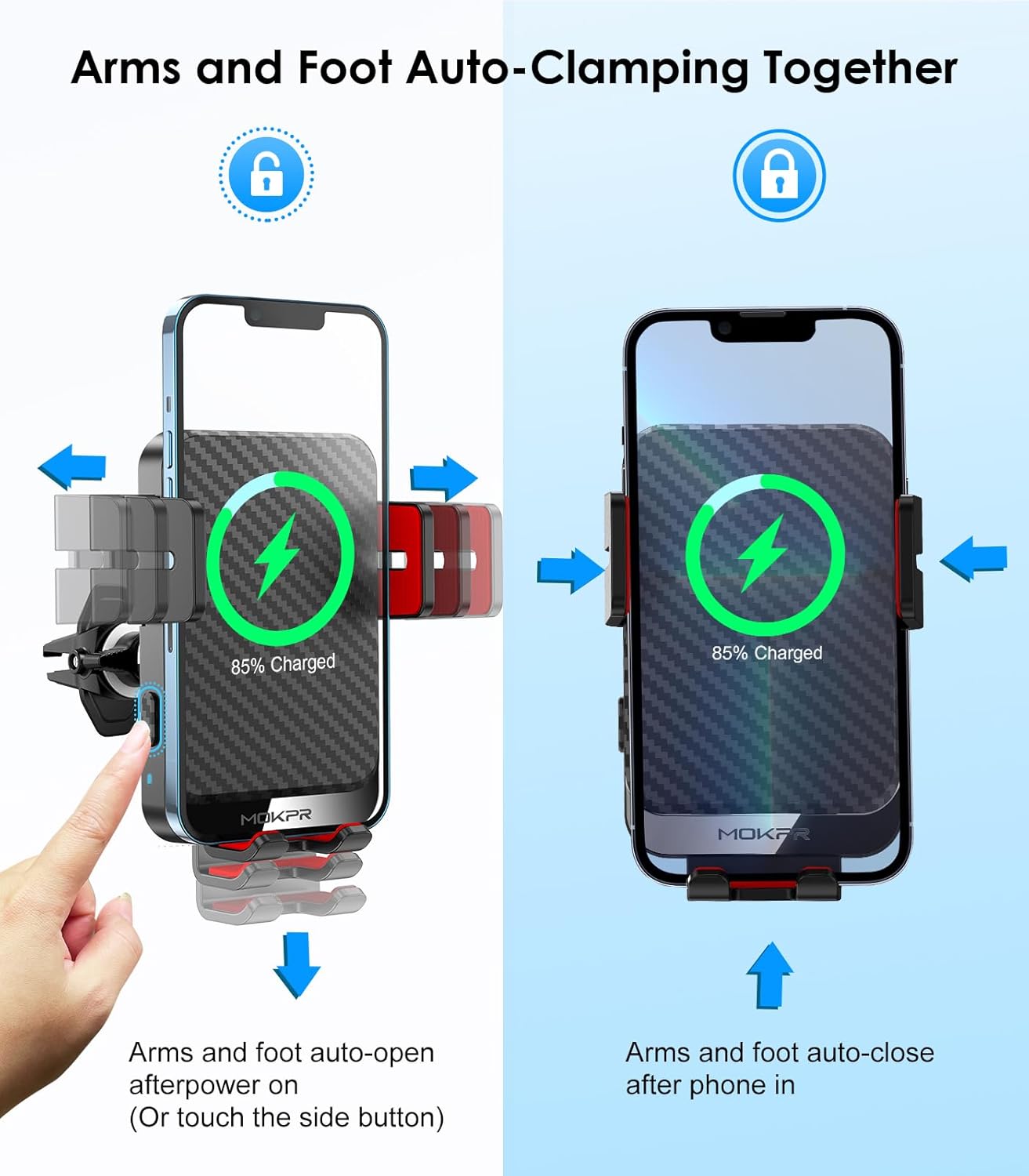 Wireless Car Charger, MOKPR 15W Fast Charging Auto-Clamping Phone Mount Air Vent Cell Phone Holder Compatible with iPhone 16 15/14/13/13 Pro/12 pro/12, for Samsung Galaxy S23/S22/S21/S20, Red