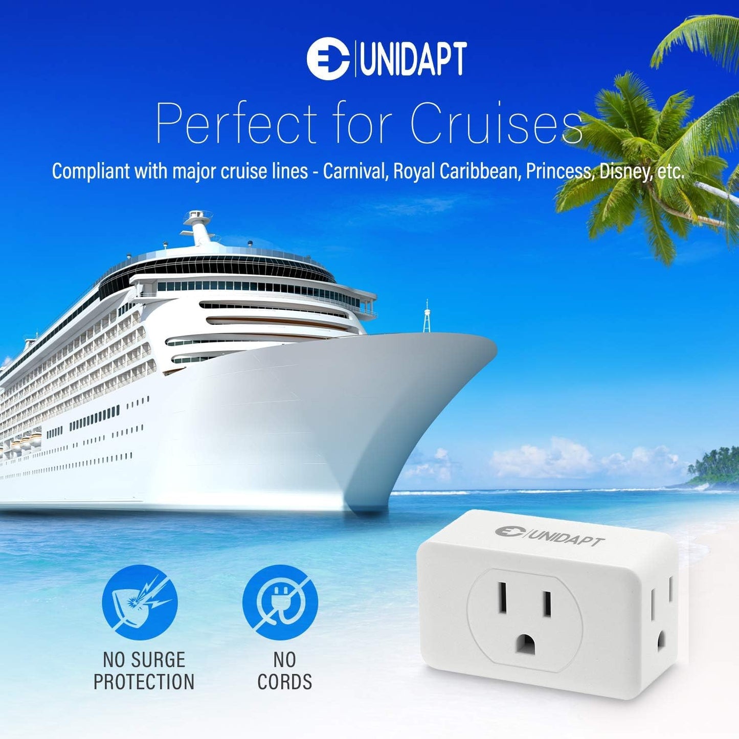 Unidapt Multi Plug Outlet Extender 2 Pack - 3 Way Wall Outlet Splitter, Cruise Ship Essentials Power Plug Adapter, Compact Travel Wall Tap Expander, Flat Angled Design, Home, Office, Dorm - White