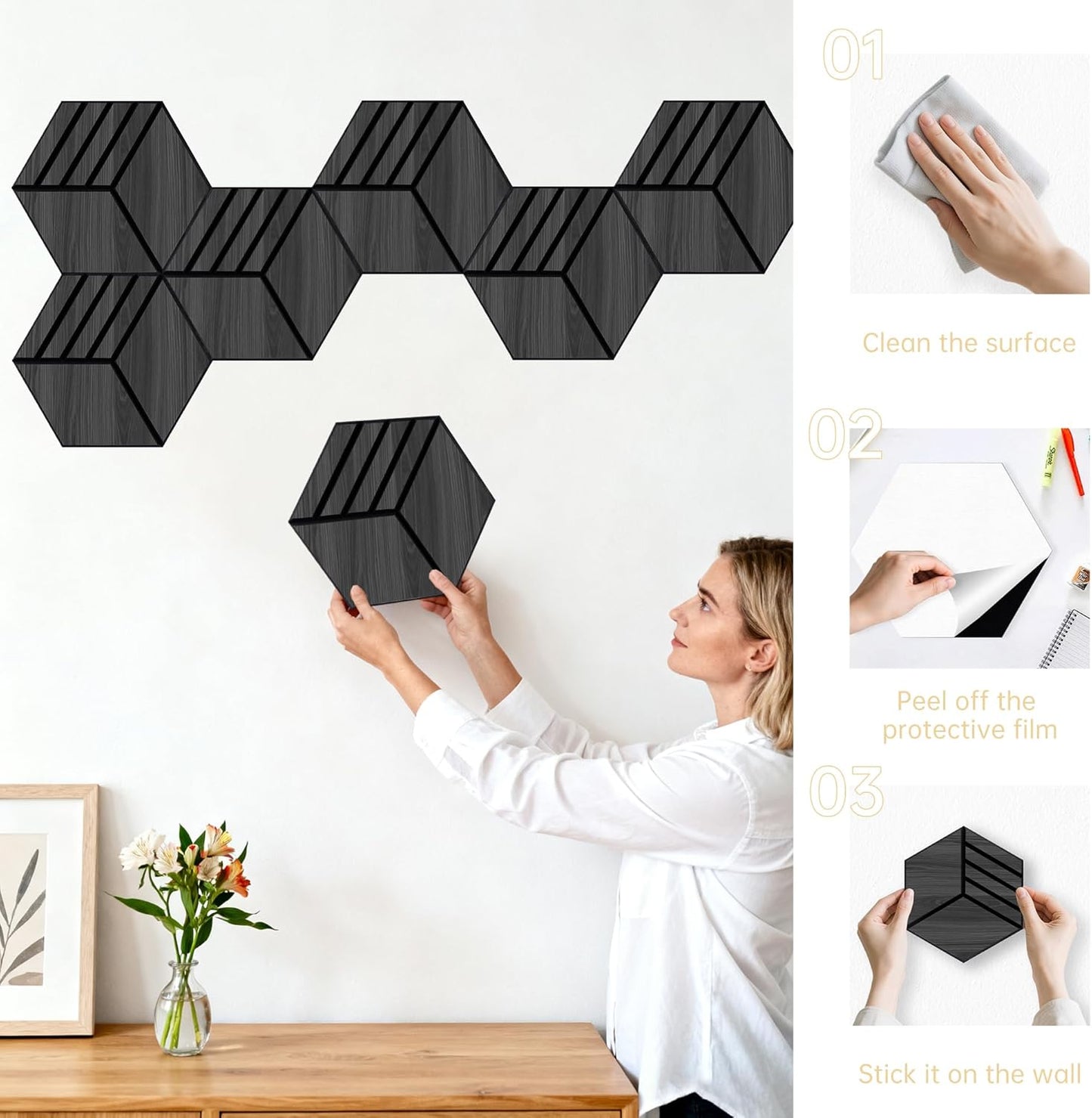 Mollywell Hexagon Acoustic Panels, Black Oak S4, 14x12x0.4 Inch, 12 Pack |Wood Veneer|High Density Sound Proofing Wall Panels|Self Adhesive Sound Dampening Felt Wall Tiles|Home Theater|Gaming Room|