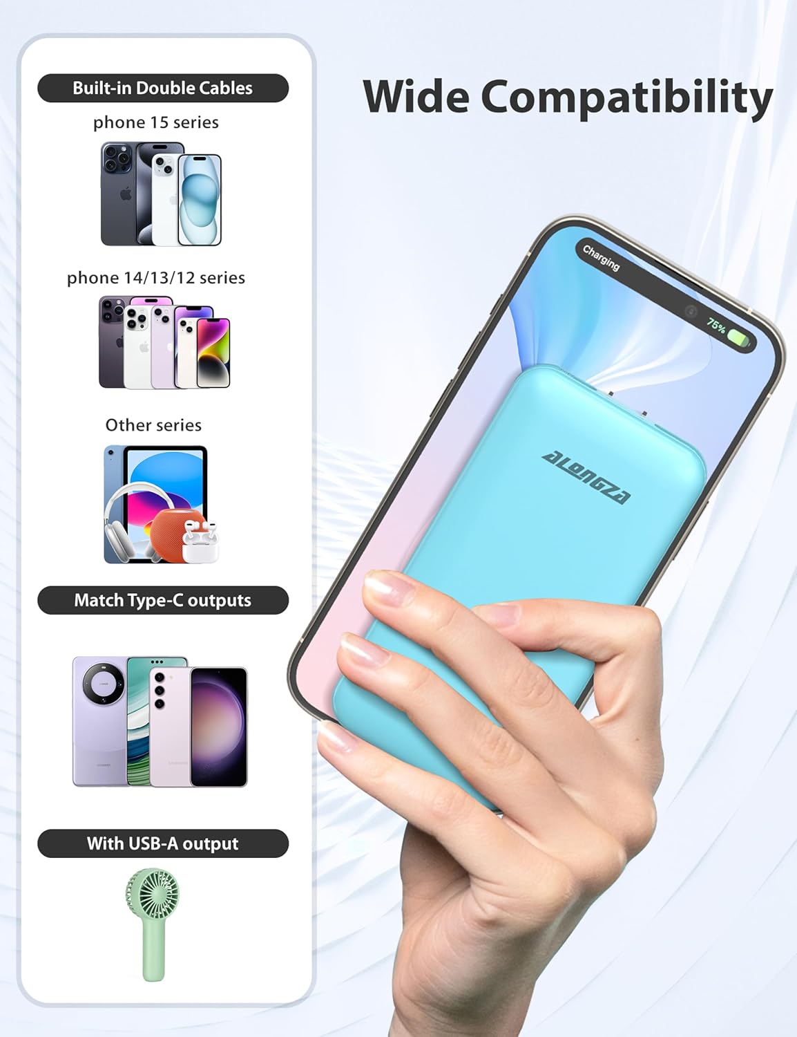 Alongza Portable Charger Built-in Cables and AC Wall Plug, Slim Fast Charging Power Bank 10000mAh, Lightweight USB C External Battery Pack Compact Travel Cell Phone Charger