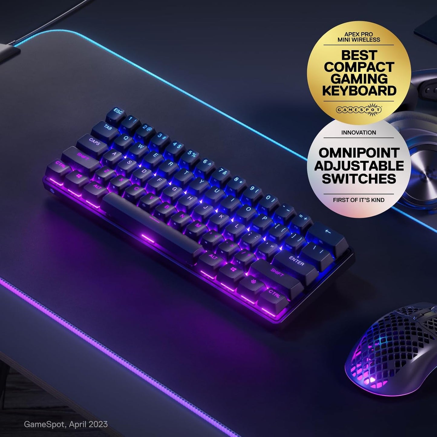 SteelSeries Apex Pro Mini Wireless Keyboard - 60% Design - OmniPoint 2.0 - Quantum 2.0 Wireless - Double Shot PBT Keycaps - Black