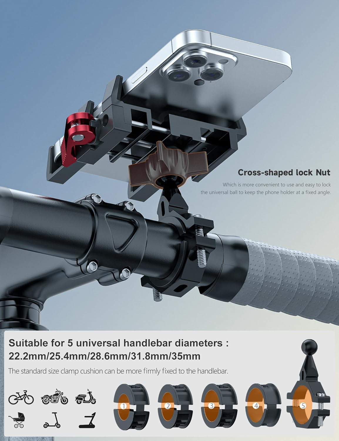 Tiakia Aluminum Bike Phone Mount Holder, [2024 Upgrade] Motorcycle Phone Mount, [1s Lock] Handlebar Mounted Cell Phone Holder, 360° Rotation, Universal Bicycle Phone Mount for 4.5-7 Inch Phones