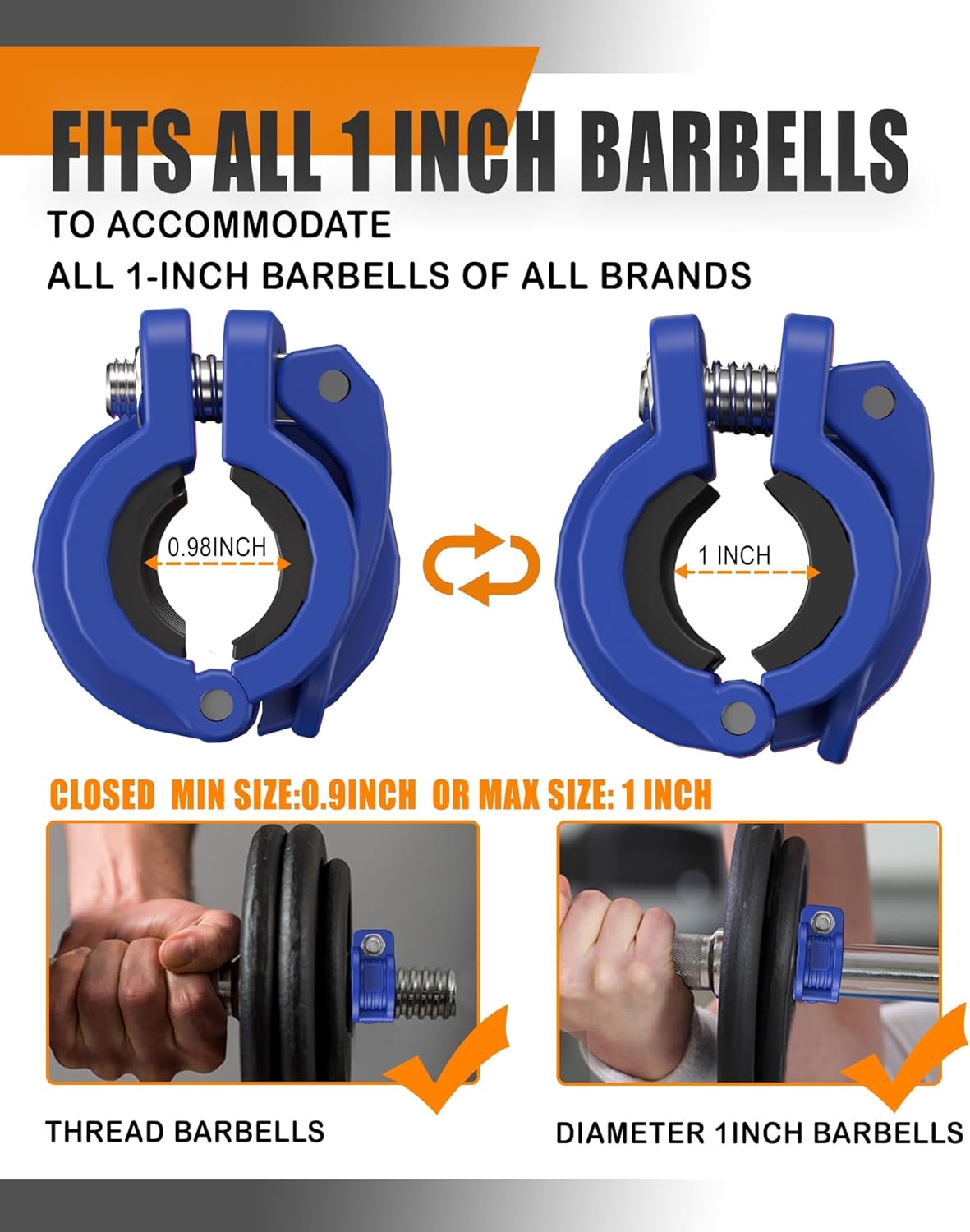 MAXRICH T Barbell Clamp 1 inch Multiple Sizes & Adjustable Weight Clips for Barbell Quick Release Barbell Clips|Barbell Collar Bar Locks for Weight Lifting (Blue 0.9-1.18inch)