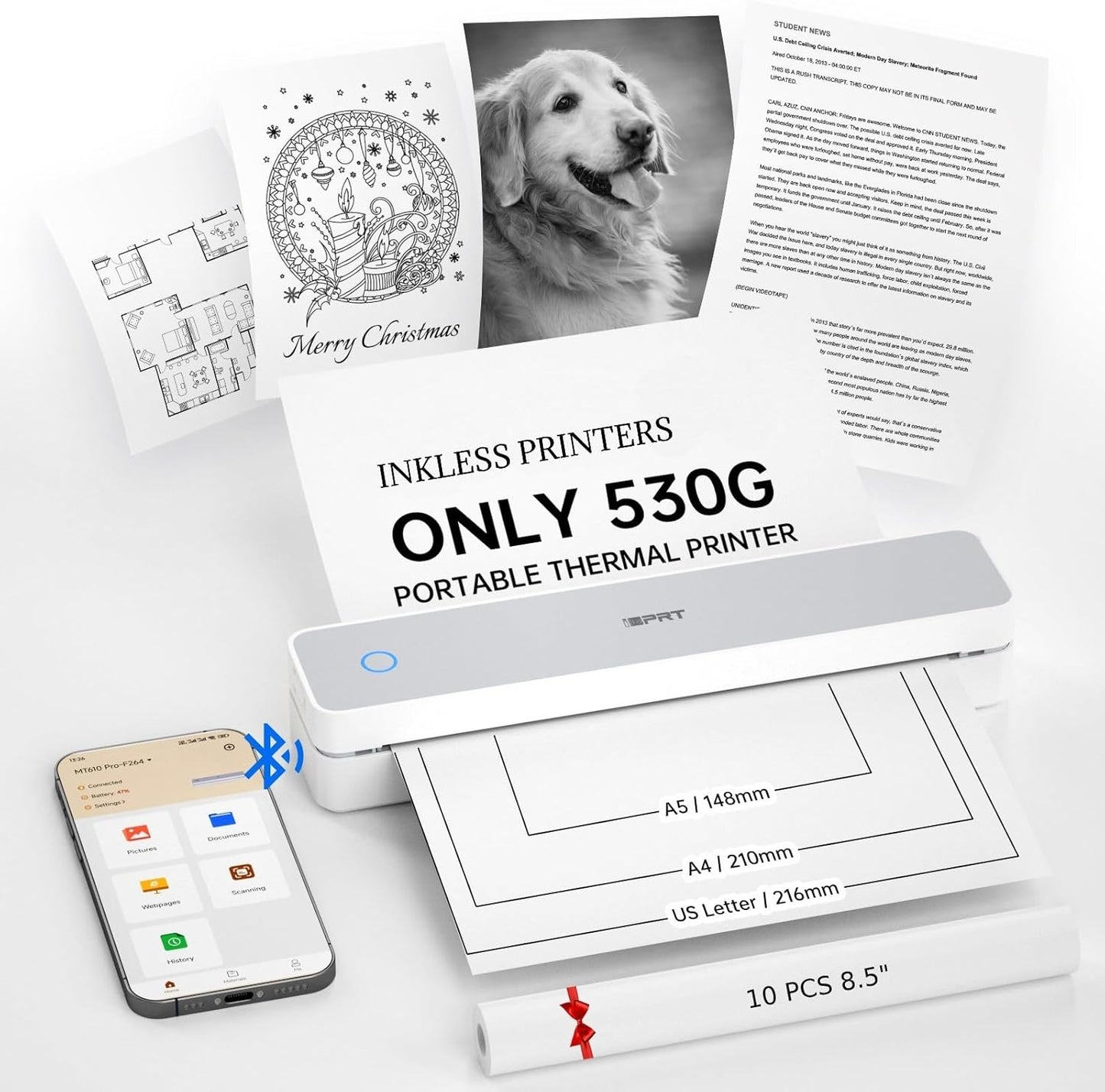 iDPRT Portable Thermal Printer,203DPI Wireless Bluetooth Small Printers for Travel,Office,Vehicles,Support 8.5" x 11" US Letter&A4 A5 Size, Compatible with Smartphone & Laptop