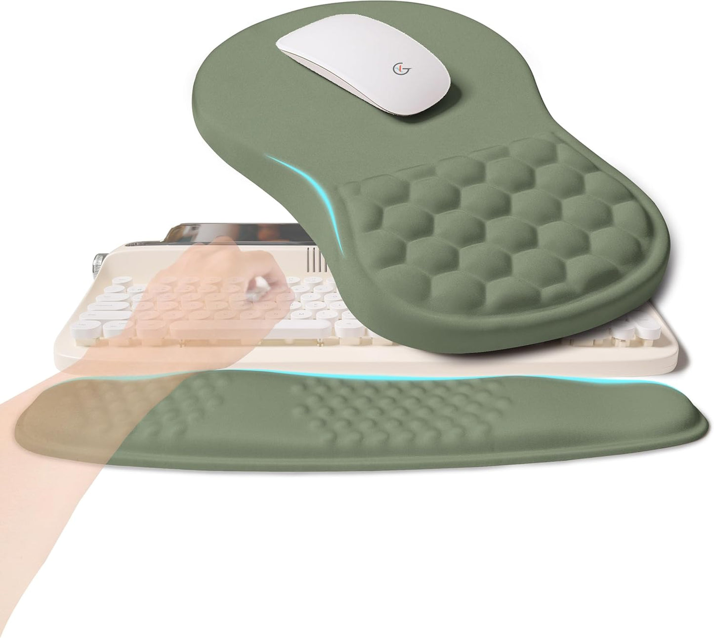 2-in-1 Ergonomic Set, Wave Rise Keyboard Wrist Rest and Massage Bulge Slope Mouse Pad Wrist Support, Cushion Memory Foam Integrated to Relieve Wrist Pain, Olive Green