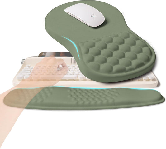 2-in-1 Ergonomic Set, Wave Rise Keyboard Wrist Rest and Massage Bulge Slope Mouse Pad Wrist Support, Cushion Memory Foam Integrated to Relieve Wrist Pain, Olive Green