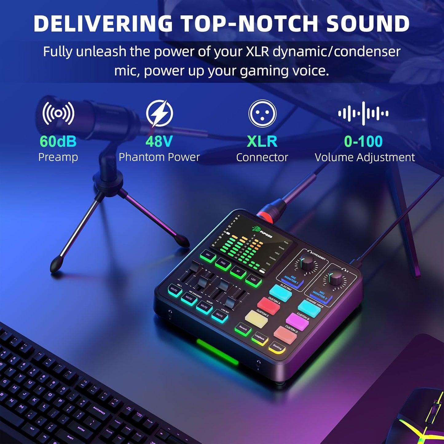 PUPGSIS Gaming Audio Mixer, Audio Interface for PC/Podcast/Streaming, Sound Board with 3.5mm/XLR Mic Input, 48V Phantom Power, Voice Changer, Live Sound Card with DJ Mixer Effects/Bluetooth/4 Channel