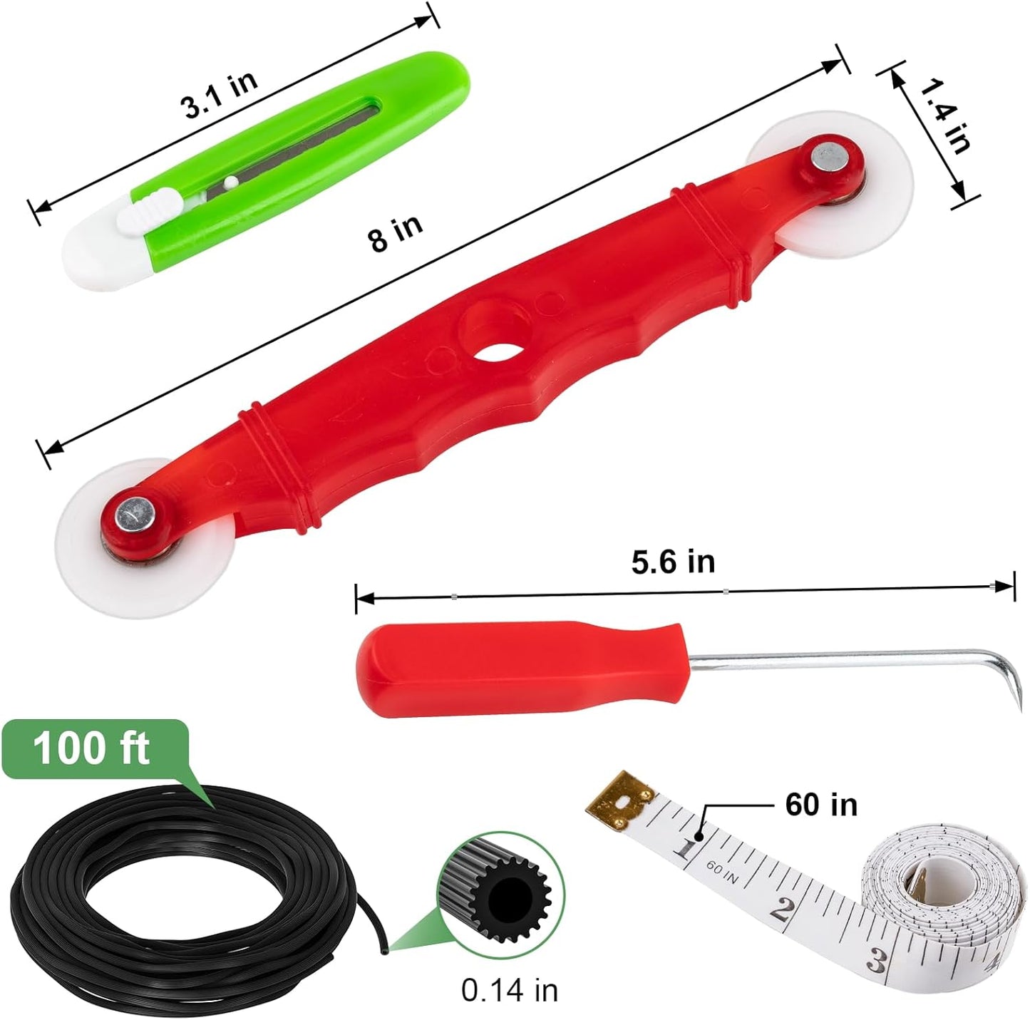 Window Screen Repair Kit, Screen Door Repair Kit, 0.14"X100' Screen Spline for Window Screen, 5 in 1 Screen Replacement Kit, Screen Roller Tool Round Retainer Spline Removal Hook Ruler Cutter