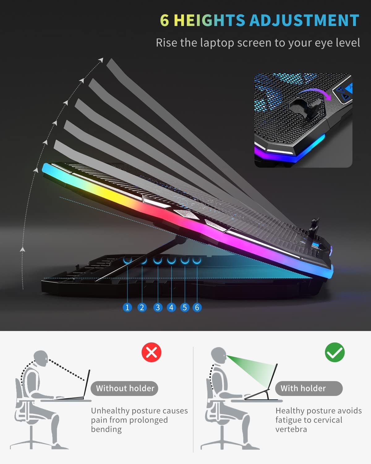 KeiBn Upgrade Laptop Cooling Pad A13,RGB Lights Laptop Cooler 6 Fans for up to 15.6 Inch Laptops,10 Modes Light, 7 Height Stands, 2 USB Ports - Blue