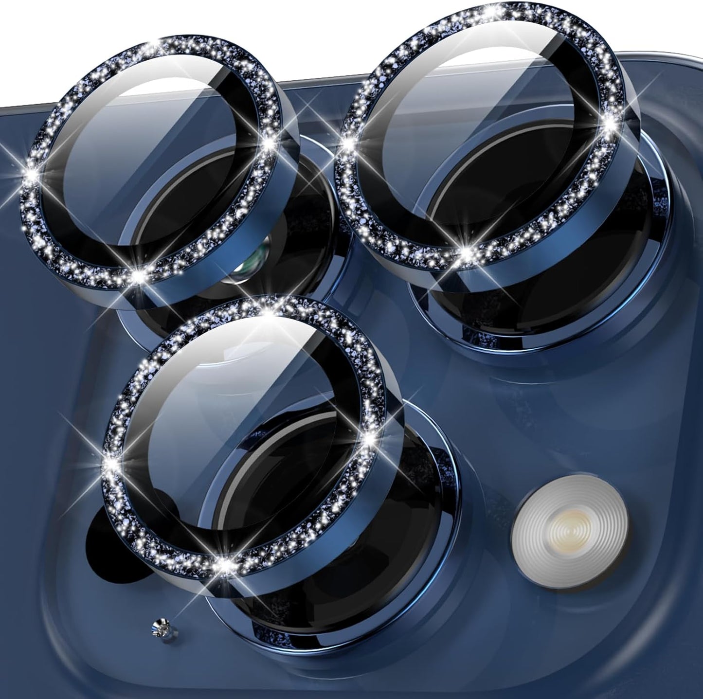 YWXTW Designed for iPhone 15 Pro/iPhone 15 Pro Max Camera Lens Protector Bling, [New Glitter Design] Individual Metal Tempered Glass Camera Cover Accessories Case Friendly (Blue Titanium Glitter)