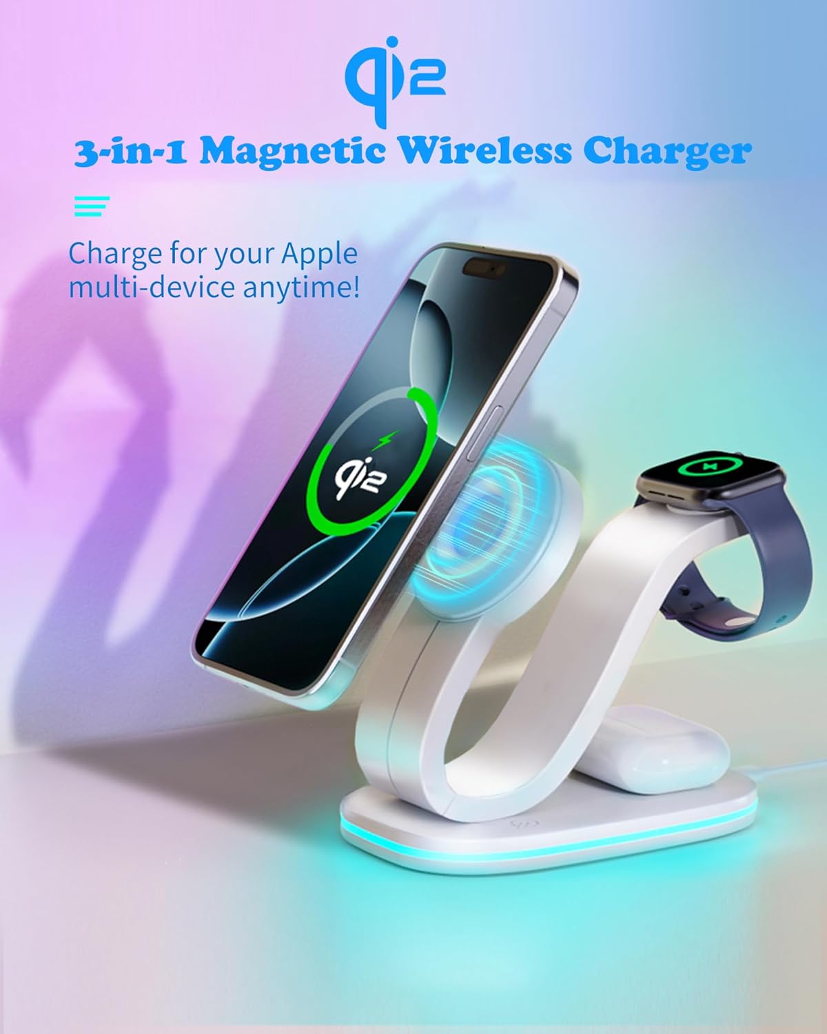 3 in 1 Wireless Charging Station for Qi2 Apple Multiple Devices, 30W USB C Adapter&Light, Fast Mag-Safe Charger Stand Compatible with iPhone 16 15 14 Pro Max, Apple Watch Series 10 9 & Airpods 4 3 Pro